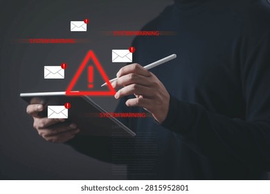 Person using tablet with cybersecurity warning alerts representing data breach, phishing attack, email scam, malware detection, online security risks, cyber threat, and information protection concepts