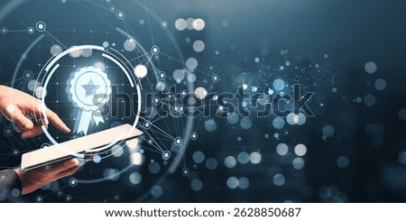 Person using tablet device with digital award icon, abstract tech interface and blurred light background, concept of recognition and success