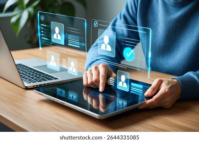 Person using tablet with digital interface showing profile verification and user management. - Powered by Shutterstock - Get 15% off with code: PIKWIZARD15