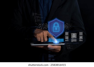 person using tablet with digital security interface, emphasizing data protection and privacy. image conveys sense of security and technology