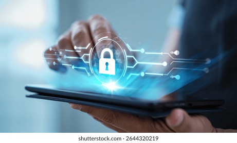 Person using tablet with digital security lock interface, representing data protection and cybersecurity.