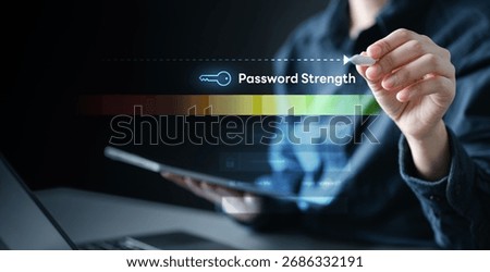 Person using tablet and drawing virtual password strength meter, concept of strong password creation, account security, login protection, cyber safety, and data privacy compliance.