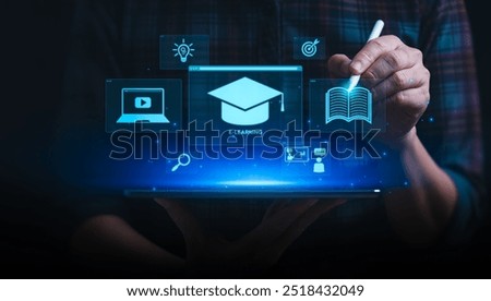 Person Using Tablet with E-Learning Icons Representing Online Education, Distance Learning, and Digital Tools for Student Success and Virtual Learning Platforms, Personal development concept