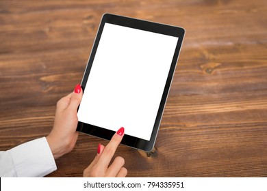 Person Using Tablet With Empty Blank Screen, Vertical Orientation