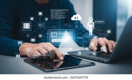 Person Using Tablet and Laptop with Digital Interface for Data Processing and Cloud Computing

