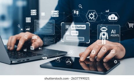 Person Using Tablet and Laptop with Digital Interface for Data Processing and Cloud Computing

