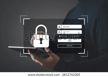 Person using tablet with secure login interface and padlock icon, representing cybersecurity, user authentication, password protection, secure access, data privacy, and digital identity security.