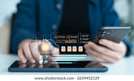 A person using a tablet and smartphone with a secure cloud interface, file storage icons, and an analytics dashboard, illustrating the concept of data protection and cloud computing technology.