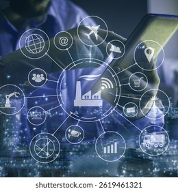 A person using a tablet or smartphone, with various interconnected icons overlaid on the image. These icons represent different aspects of technology and industry, such as a globe, an airplane, a shop