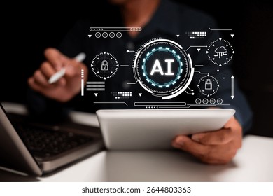 Person using a tablet and stylus with digital AI interface graphics overlayed, symbolizing artificial intelligence and technology interaction.