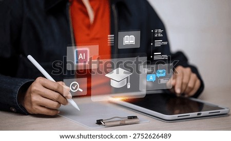 Person using tablet and stylus interacting with AI-powered digital education interface. Concept of online learning, smart education technology, language translation, and AI-driven learning platform.