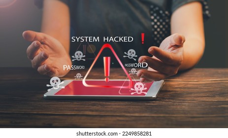 Person using tablet, System warning hacked alertsign for notification error personal data hacking virus cybercrime.concept Cybersecurity vulnerability computer network business.