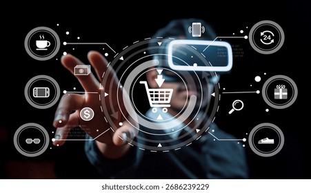 A person using virtual reality technology to interact with a shopping cart and digital icons, showcasing the evolution of consumer behavior and digital shopping trends.