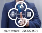 Person using virtual touch screen push word: COMMISSION. Commission payment, interest rate for loan payment or investment profit percentage, incentive to reward or motivate concept.