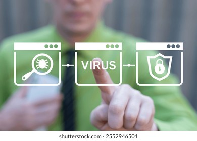Person using virtual touch screen touches word: VIRUS. Malware Attack Virus Alert Cyber Internet Security concept. Malicious software web infection. Awareness training to protect business information.