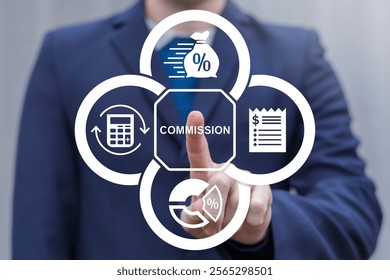 Person using virtual touch screen push word: COMMISSION. Commission payment, interest rate for loan payment or investment profit percentage, incentive to reward or motivate concept.