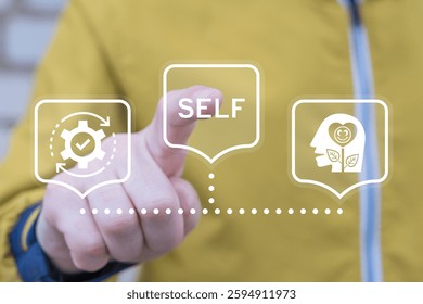 Person using virtual touch screen push word: SELF. Study, learn and explore self. Find yourself. Self awareness concept. Aware of different aspect of self, behaviors, feelings, psychology.