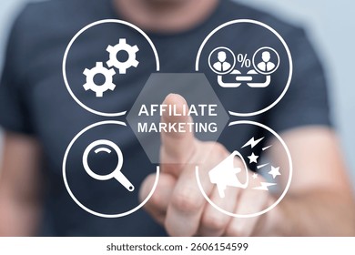 Person using virtual touch screen presses button with text: AFFILIATE PROGRAM. Affiliate Marketing Program Business Concept. Partnership marketing in social media. Refer a friend concept.