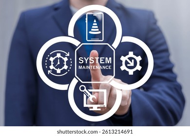Person using virtual touch screen push inscription: SYSTEM MAINTENANCE. System Maintenance Update Program Software Application Technology Computer Engineering Concept.