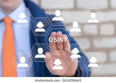 Person using virtual touch screen push text: OSINT. OSINT or Open Source INTelligence Investigation Concept. Open data access gathering. Volunteering Social Surveillance Open Source Analysis.
