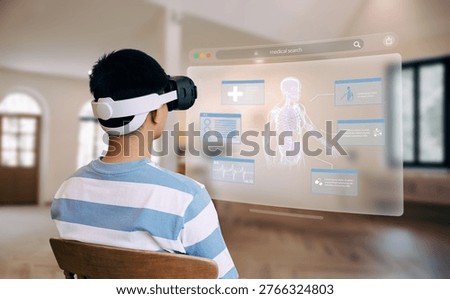 Person using VR headset to explore interactive medical anatomy interface, representing digital healthcare education, immersive diagnosis, medical technology.