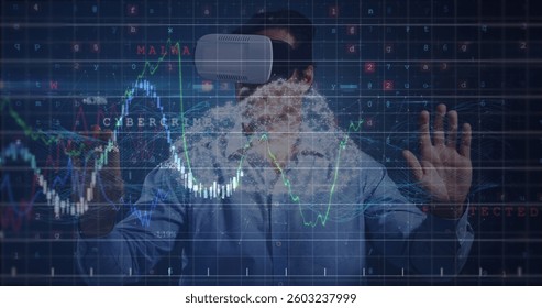 Person using VR headset interacting with digital financial graphs and data. Virtual reality, technology, finance, innovation, analytics, investment - Powered by Shutterstock - Get 15% off with code: PIKWIZARD15