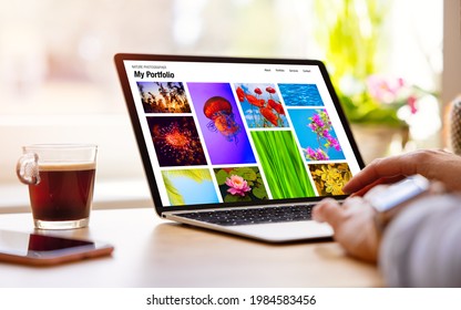 Person Viewing Nature Photographer Photo Portfolio Website On Laptop Computer