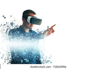 A person in virtual glasses flies to pixels. The man with glasses of virtual reality. Future technology concept. Modern imaging technology. Fragmented by pixels.