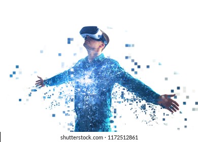 A person in virtual reality glasses flies to pixels. The concept of new technologies and technologies of the future.VR glasses.