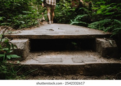 A person walks along a rustic wooden bridge on a lush forest trail, surrounded by vibrant greenery. The scene evokes a sense of peace and exploration in nature. - Powered by Shutterstock