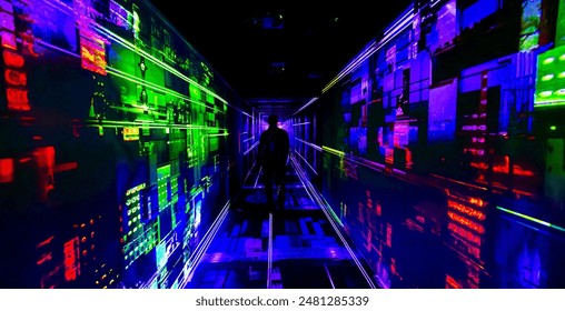 A person walks through a hallway lit with neon lights and geometric patterns. The walls are lined with colorful, glowing screens. Human walks into digital future. - Powered by Shutterstock