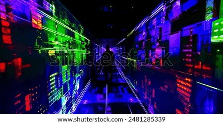 A person walks through a hallway lit with neon lights and geometric patterns. The walls are lined with colorful, glowing screens. Human walks into digital future.
