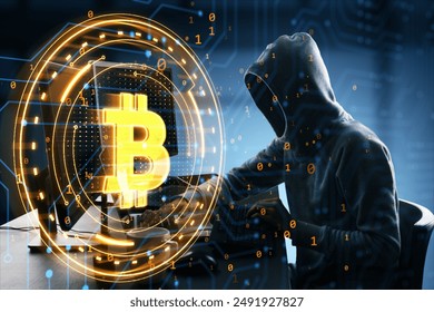 A person wearing a hoodie working on a computer with a glowing Bitcoin symbol and binary code overlay on a dark background. Concept of cryptocurrency and cybersecurity