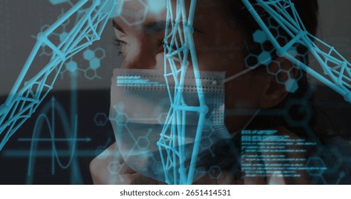 Person wearing mask with digital DNA and data processing image overlay. Technology, cybersecurity, innovation, artificial intelligence, protection