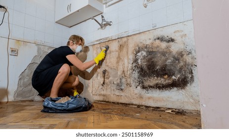 A person wearing protective gear scrubs mold from a kitchen wall, highlighting home maintenance and mold removal issues - Powered by Shutterstock