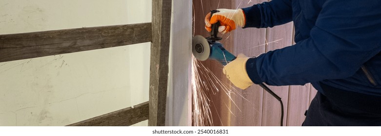 A person wearing safety gear uses an angle grinder, emphasizing industrial safety and tool usage in construction settings - Powered by Shutterstock