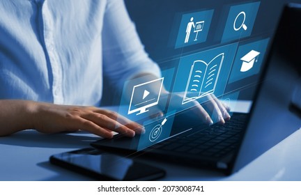 Person who attends online lessons on a digital screen.E-learning education, internet lessons and online webinar. Education internet Technology. - Shutterstock ID 2073008741