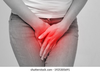 Person Woman Feels Pain In The Lower Abdomen During PMS.