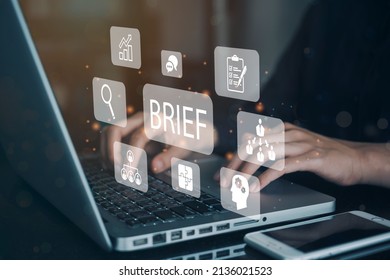 Person working on computer with icons of briefing of business plan, collaboration, brainstorming, meeting, communication and planning. - Shutterstock ID 2136021523