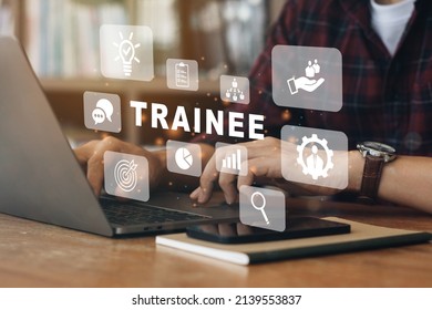 Person Working On Computer With Icons Of Trainee Program And Apprenticeship On The Job Training Learning.