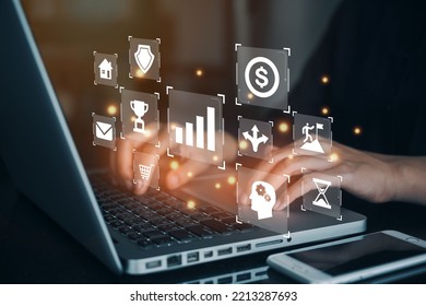 Person Working On Computer With Icons Of Planning Schedule. Budget, Team Work, Scope, Risks, Strategy, With Gears Professional Project Manager Presenting Management Skills Concept.
