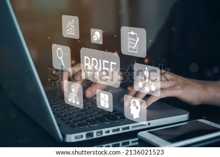 Person working on computer with icons of briefing of business plan, collaboration, brainstorming, meeting, communication and planning.