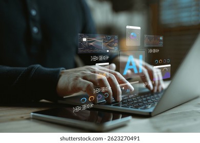 Person working on laptop with virtual AI interfaces, data visualization dashboards, representing artificial intelligence development, neural networks, machine learning, and advanced data processing.