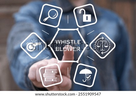 Person working on virtual touch screen presses text: WHISTLEBLOWER. Anonymous Whistleblower Informant Business concept.