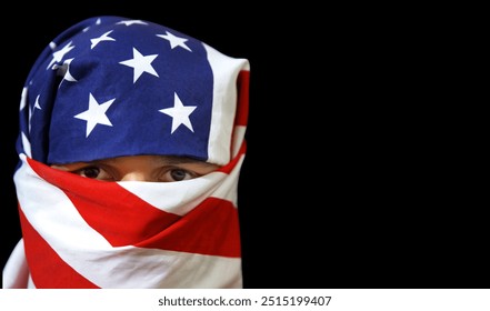 A person wrapped his face with USA flag with black copy space on the side. Protesting concept with wrapped face on the side and showing eyes - Powered by Shutterstock