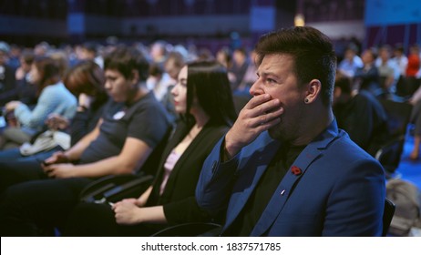 Person yawn at business meet boring lecture speaker. Crowded audience asleep. Expressive face sleeping business man on forum. People emotion yawning at conference. Auditorium sleep tired from insomnia - Shutterstock ID 1837571785