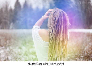 Personal aura color concept. What color is your aura concept? Young woman with different aura colors glowing bright. - Shutterstock ID 1859020621