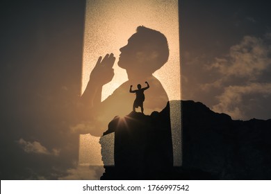 Personal Belief, Religion, Prayer. Man With Praying Hands Praying To God For Strength And Courage. 