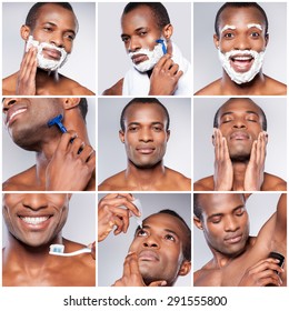 Personal Care. Composite Image Of Handsome Young African Man Grooming While Standing Against Grey Background