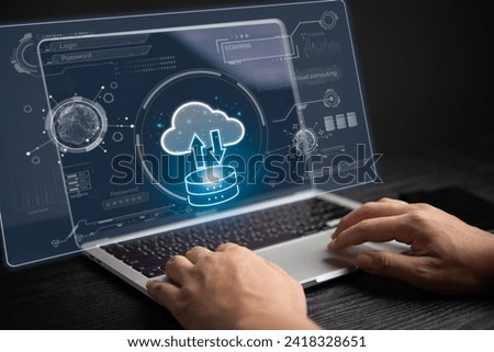 Personal cybersecurity with cloud storage technology, data backup, and privacy login passwords, internet online network. Businessman using computer laptop.